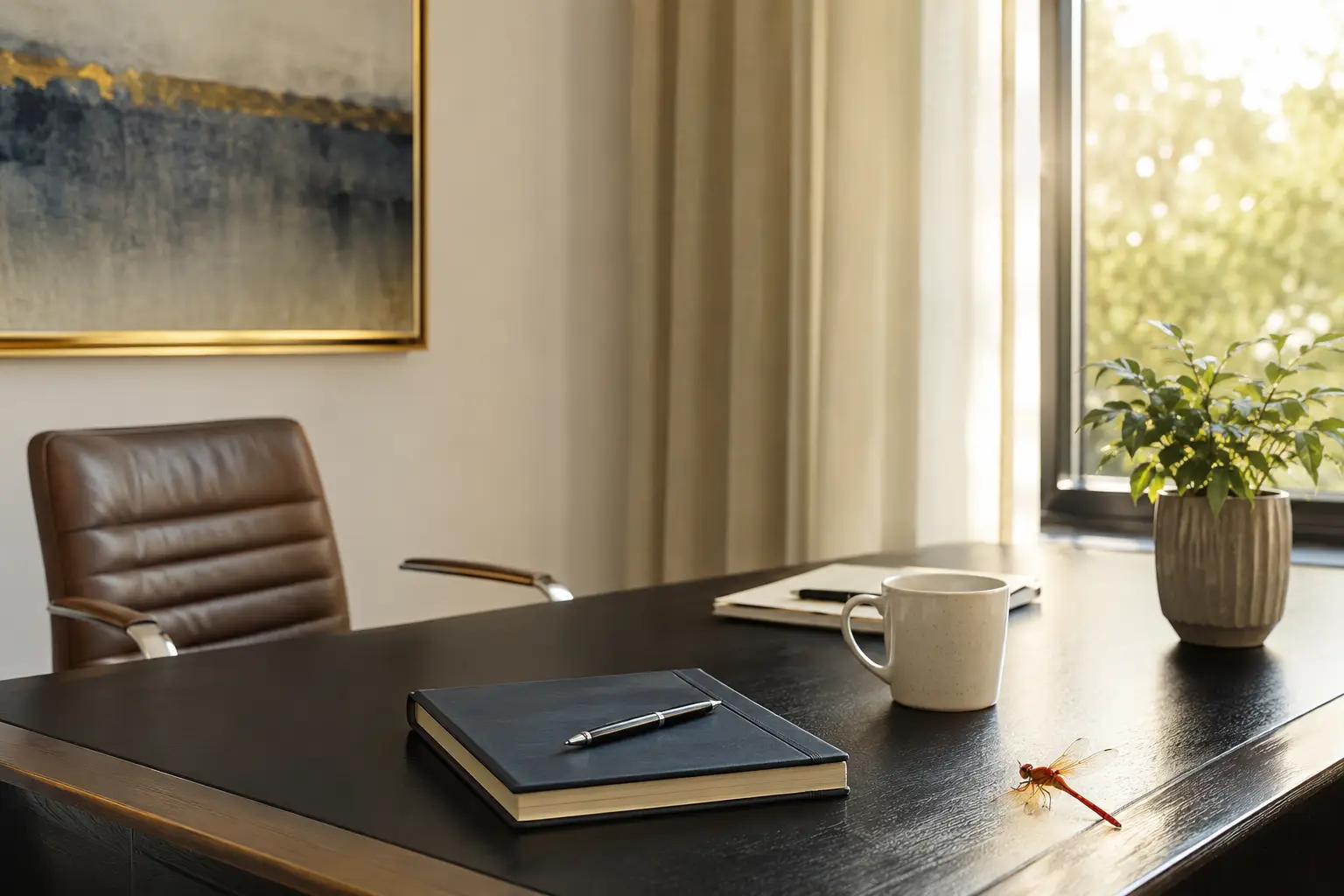 Bureau de direction élégant et lumineux avec carnet, tasse et ambiance calme illustrant les 100 premiers jours d’une prise de poste dirigeant