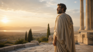 Philosophe stoïcien debout contemplant l'horizon, illustrant le stoïcisme et le leadership