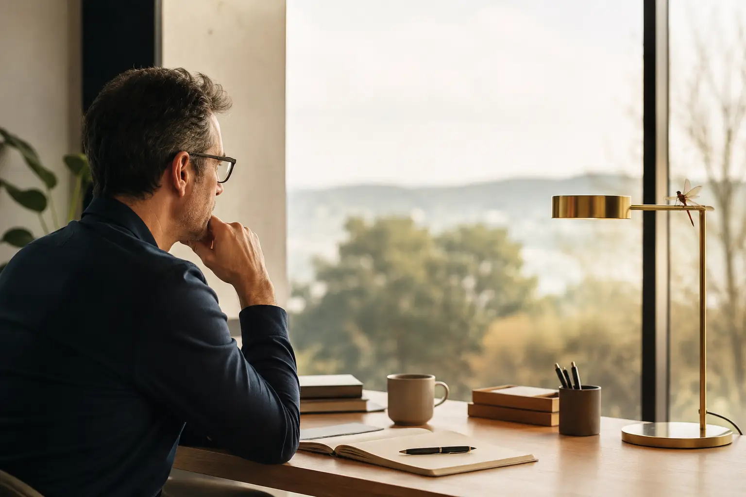 Dirigeant en réflexion face à une décision stratégique dans un bureau lumineux