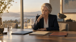 Dirigeante en réflexion face à plusieurs dossiers avant une décision importante.