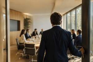 alt="Dirigeant entrant dans une salle de réunion avant un comité de direction.">