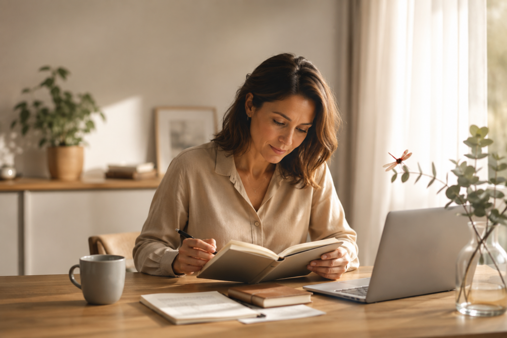 Professionnelle en transition de carrière relisant son parcours et ses compétences dans un carnet devant un ordinateur portable.